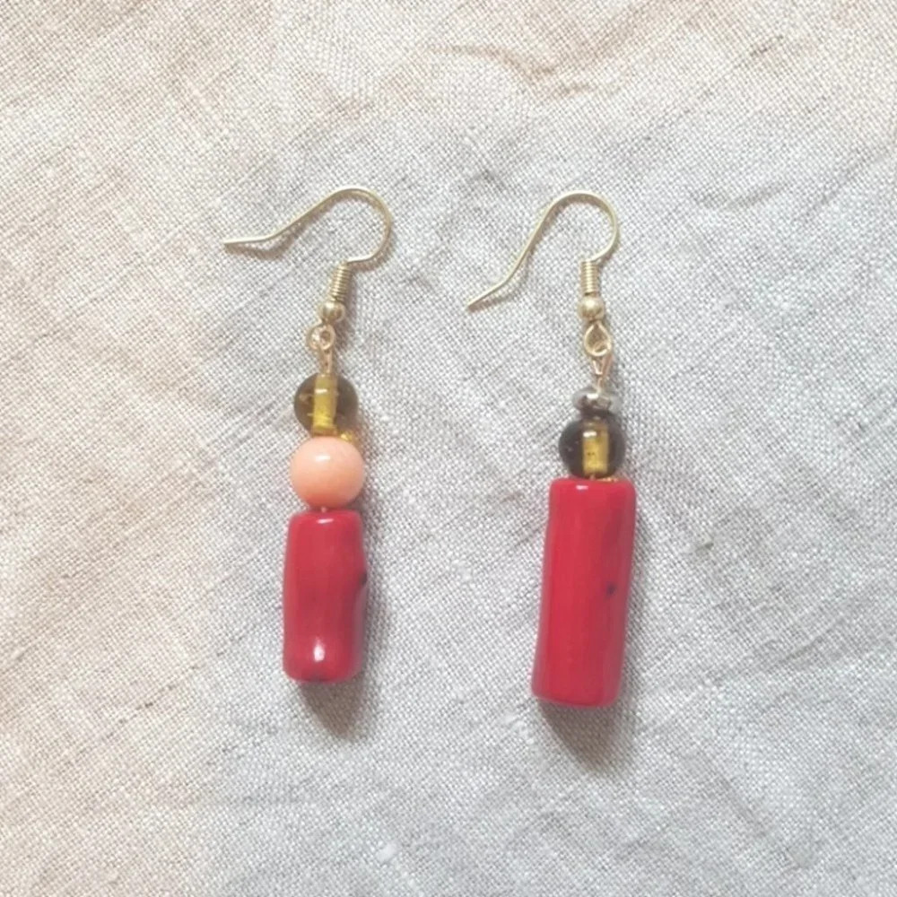 Patch & Roam Boho Artsy Funky Coral and green glass bead dangle earrings